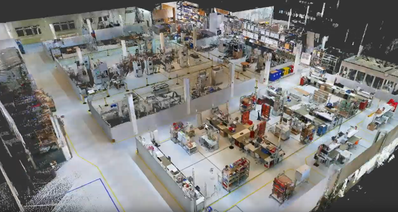 Virtual Twin of a production facility showing 3D layout, point clouds, and interactive points of interest for planning and optimization.