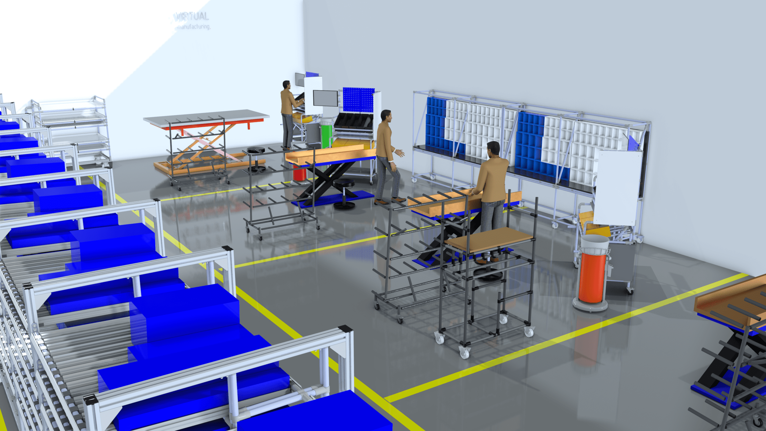 3D production layout solution showing optimized factory workflow and equipment placement